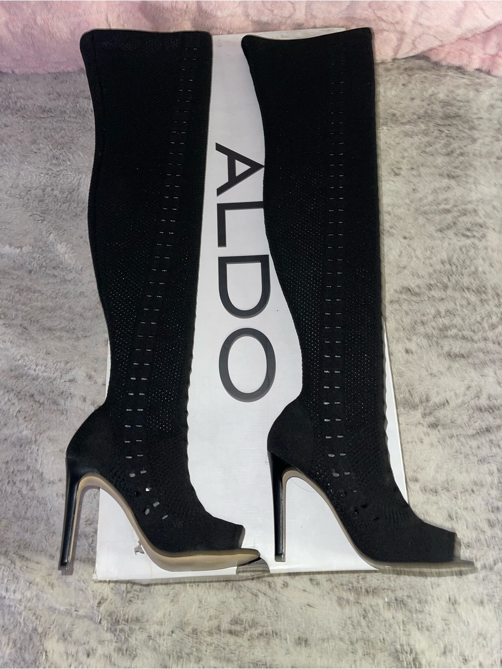 ALDO Black Knee-High Peep-Toe Stretch Stiletto Boots